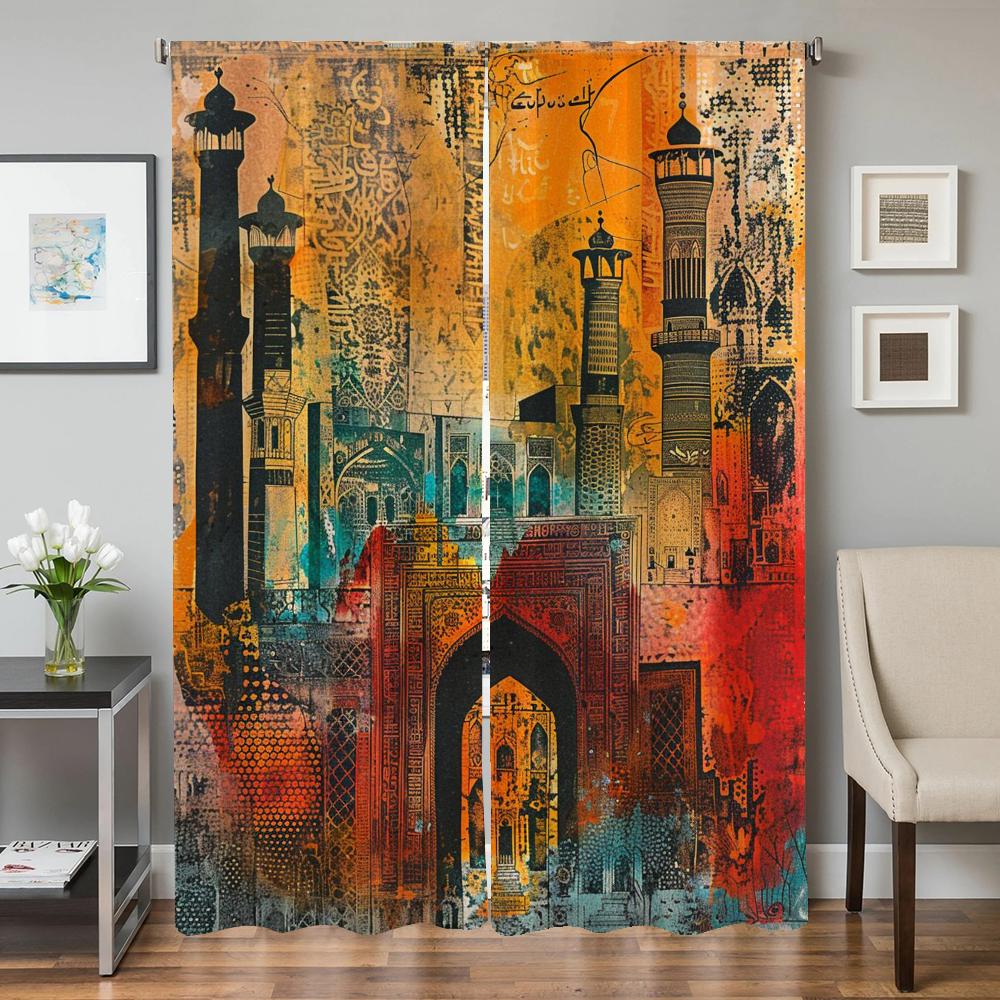 Kitchen Curtains for Living Room 2 Pieces Blackout Curtains Door Curtain Ancient Architecture Partition Bedroom Decoration Shade