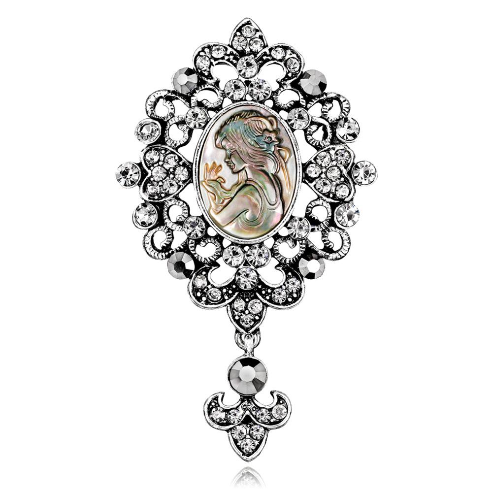 Women Alloy Brooch Fashionable Retro Breastpin Shell Beauty Head Crystal Inlaid Dress Accessories for Ladies