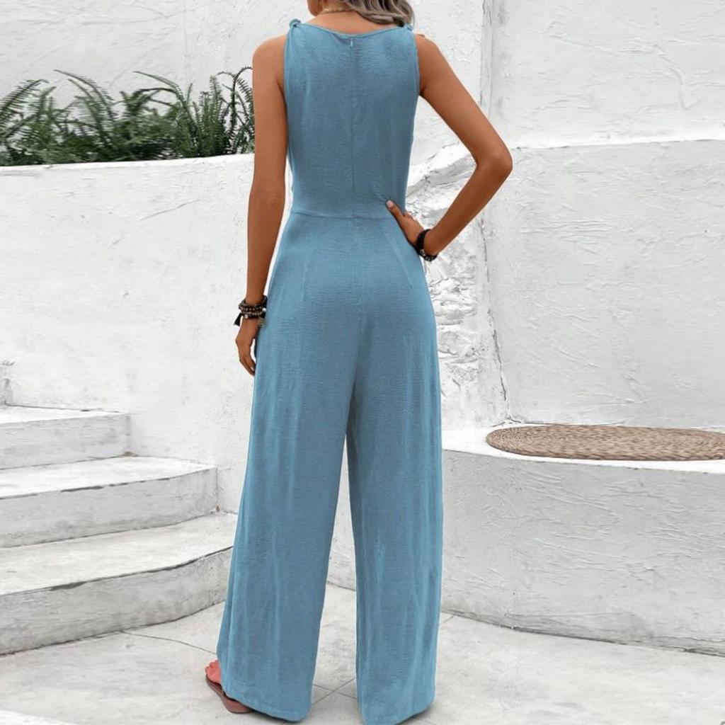 Women's Fashionable Solid Color V Neck Wide Leg Sleeveless Twisted Vest Jumpsuit