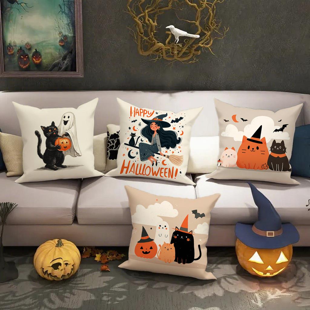 Halloween Cats and Witch Pattern PillowcaseSuitable for Sofa Car Bedroom Decorative Cushion Cover Pillow Cover