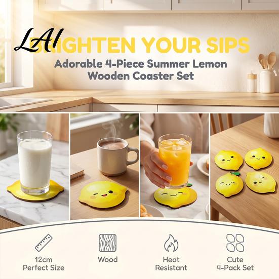 Decorative Kitchen Table Accessories 4PCS Cute Coasters Non-slip Wooden Lemon Shape Heat Insulation Pads Natural Wood Grain Coasters Tableware