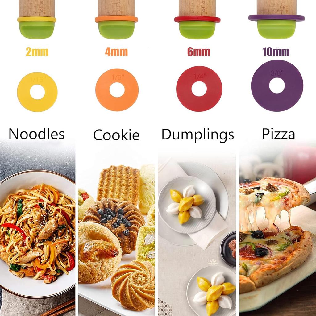 Rolling Pin with Thickness Rings for Baking,Fondant, Pizza, Pie Crust, Cookie, Pastry, Roller Rod for Dough Thickness, 13.6" Adjustable Wooden