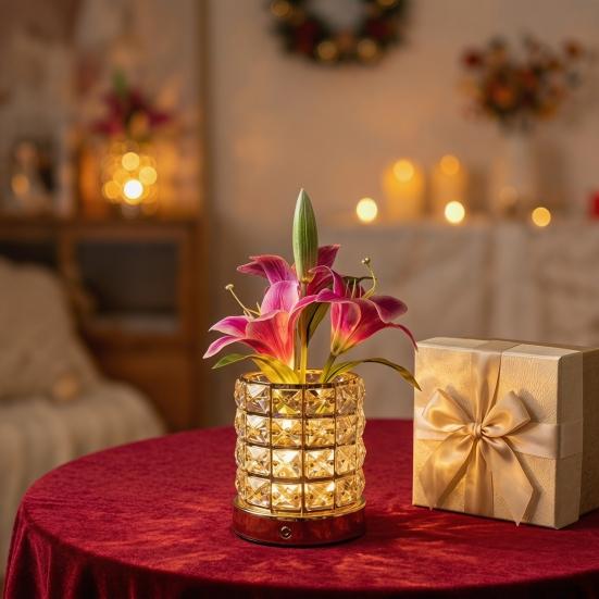 Yousheng Decorative Lights Lily Table Lamp USB Rechargeable Acrylic Crystal Vase Lamp with 3 Color Touch Dimmable Night Light for