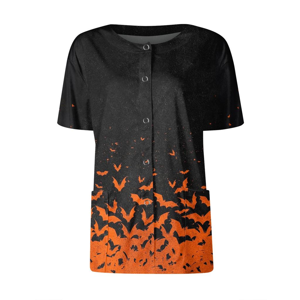 Women's Short Sleeved Patterned Pockets, Work Print Stand Up Collar, Single Breasted Protective Clothing, Cardigan Jacket, Top