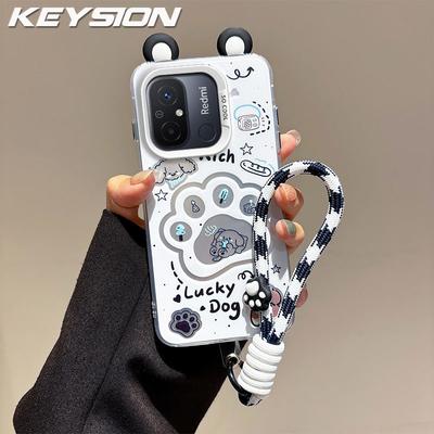 KEYSION Süße Cartoon-Ohren Hülle für Redmi 12C mit Lanyard Weiches Silikon+PC Stoßfeste Handy-Rückseite für Xiaomi POCO C55