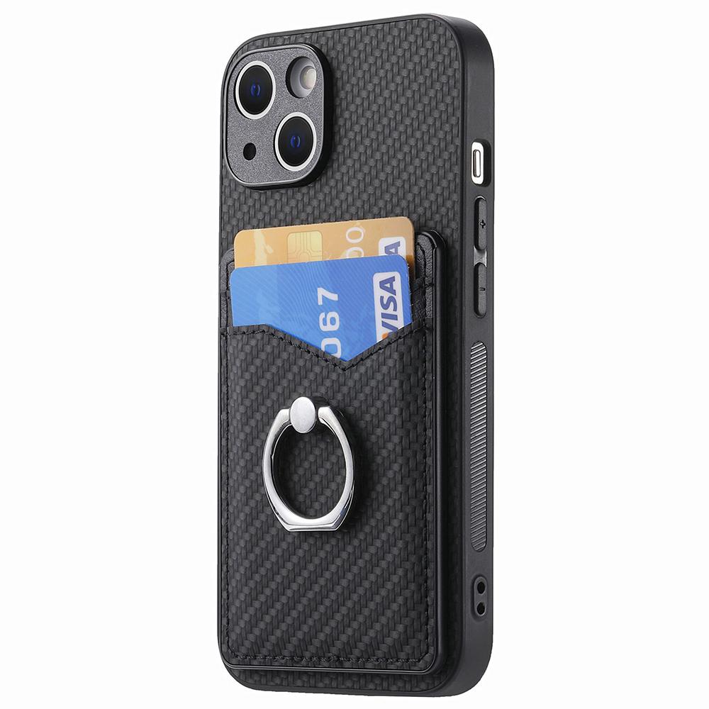 Cellphone Cover for iPhone 15,Card Holder Carbon Fiber Texture PU Leather+PC+TPU Phone Case with Ring Kickstand