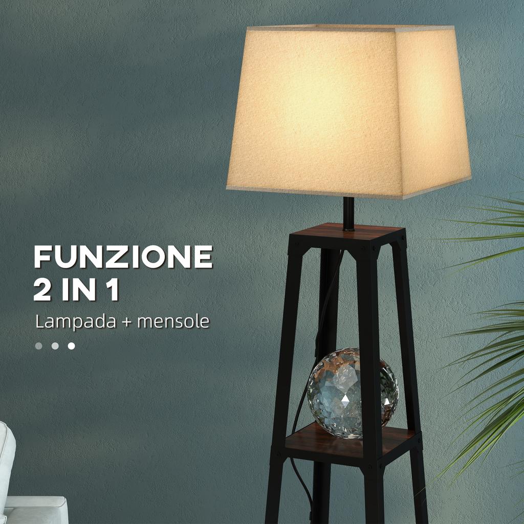 Floor Lamp In Metal and MDF with 3 Shelves with Fabric Shade, Diameter 42x166 Cm, Black and Beige