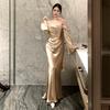Amber floating light gold tube top engagement dress light luxury bridal toast dress morning robe temperament dress