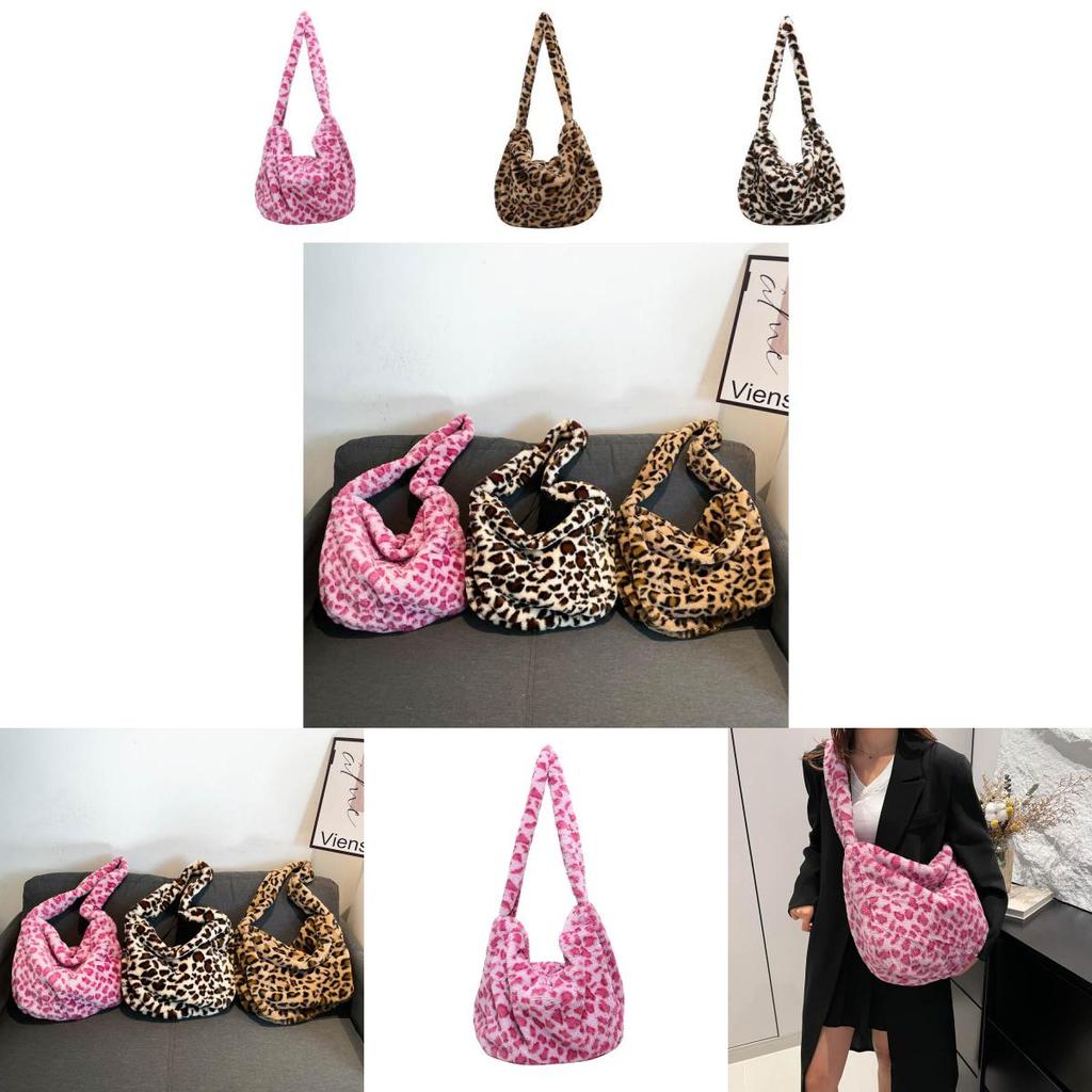 Trendy Large Capacity Plush Crossbody Bag For Women With Elegant Leopard Pattern