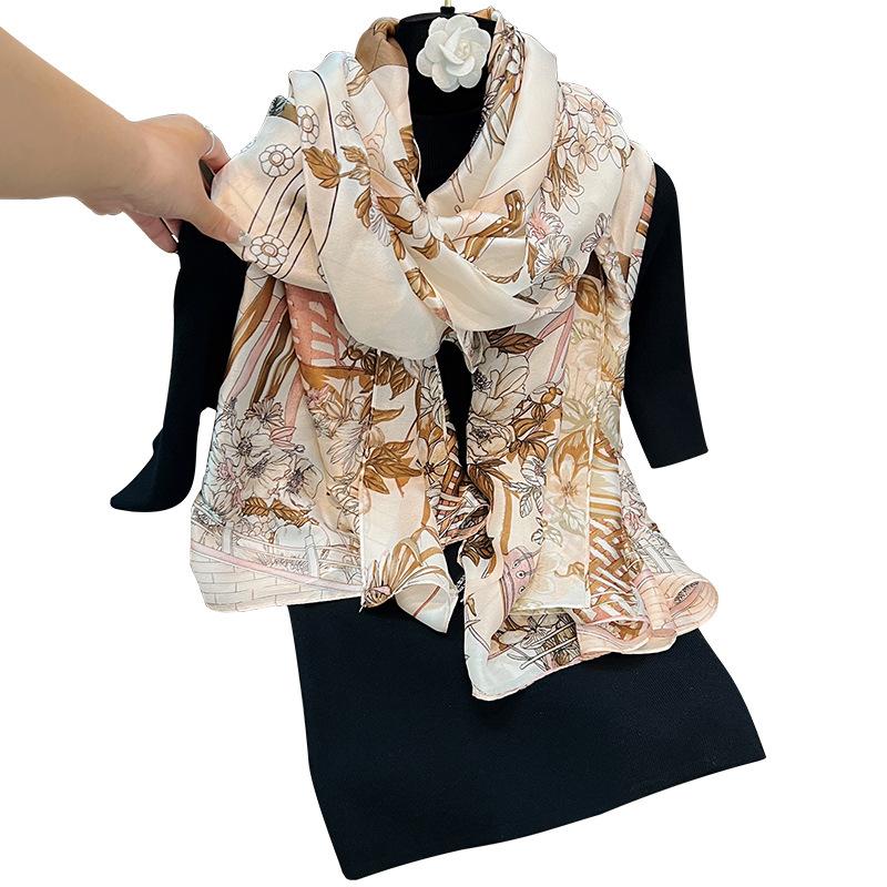 Spring and summer new silk scarf, brocade versatile thin shawl, breathable floral beach scarf, autumn scarf
