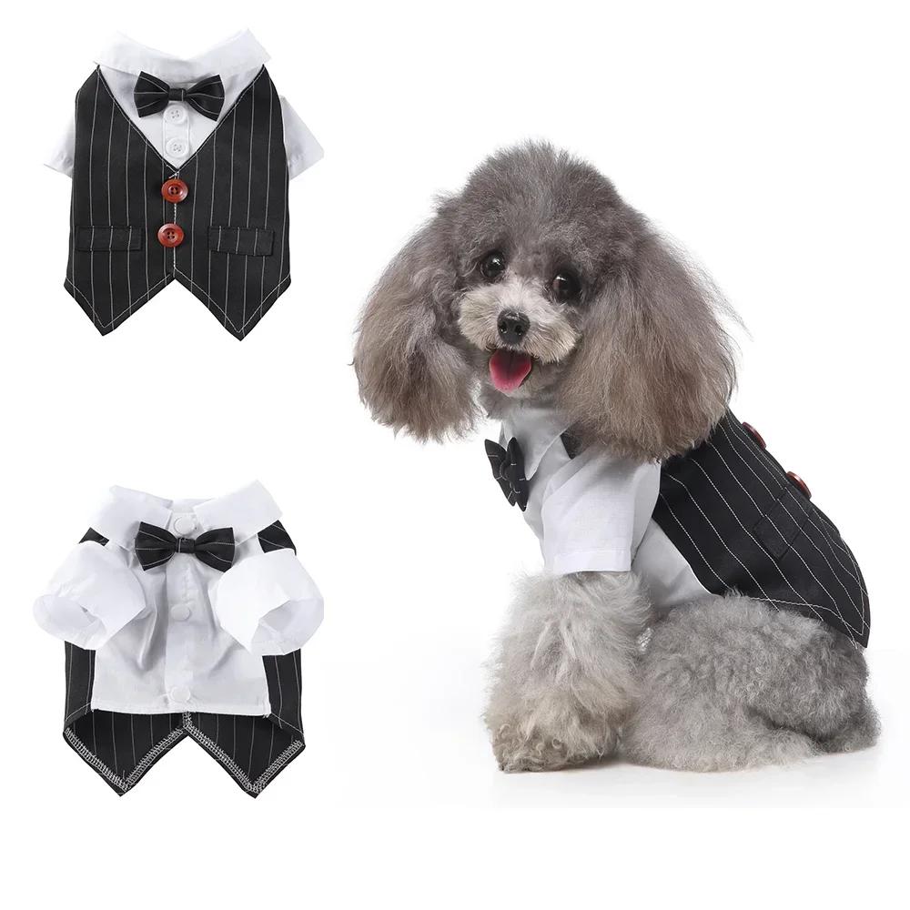 Cute Striped Dog Tuxedo Tailcoat Wedding Outfit Gentleman Pet Suit with Bow Tie for French Bulldog Halloween Costume