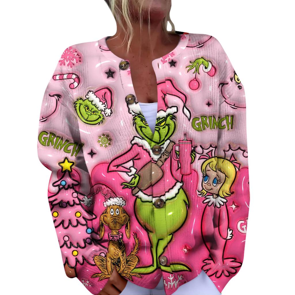 Women's Fashion Christmas Printed Long Sleeve Knitted Cardigan Button Down Jacket