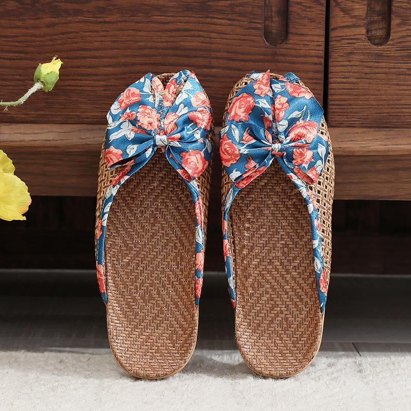 Summer Grass Mat Slippers Home Rattan Butterfly Knot Slippers Indoor Home Summer Women Linen Slippers