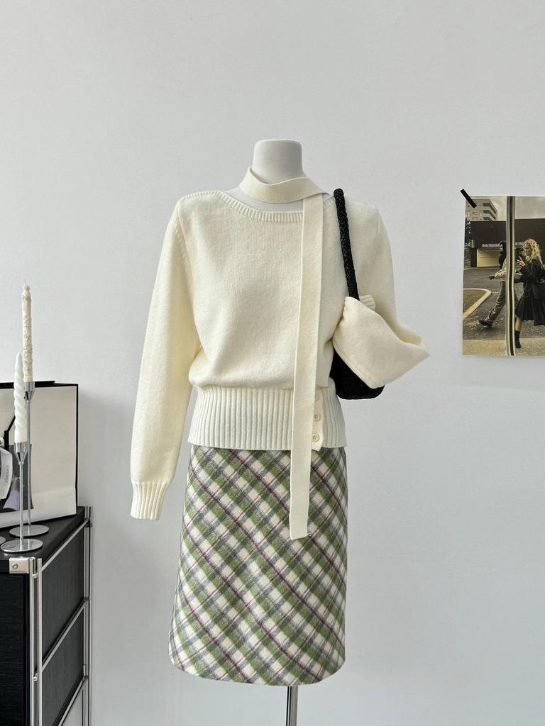 Korean Style 2025 Autumn/Winter Retro Green Plaid Skirt