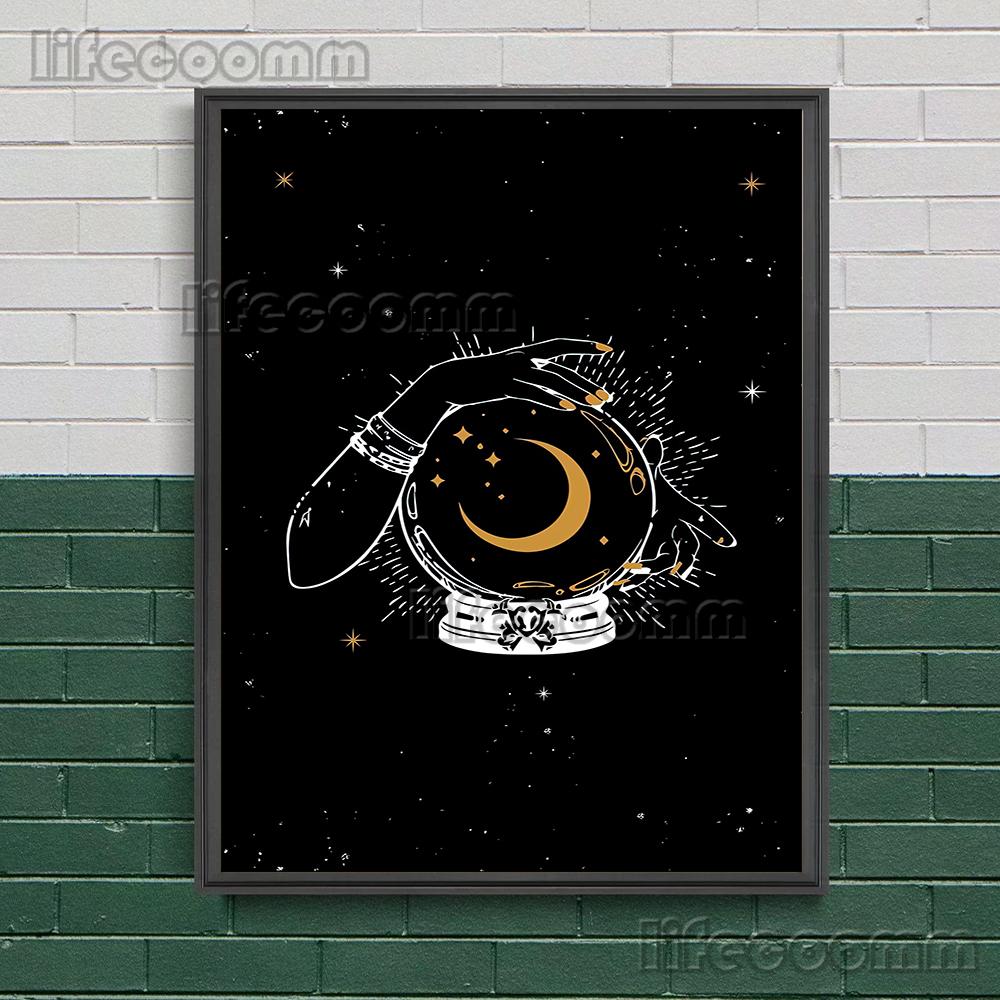 Sun Moon Wicca Abstract Art Poster And Print Witch On The Moon, Witchcraft, Wall Art Canvas Painting Decoration (with Frame)