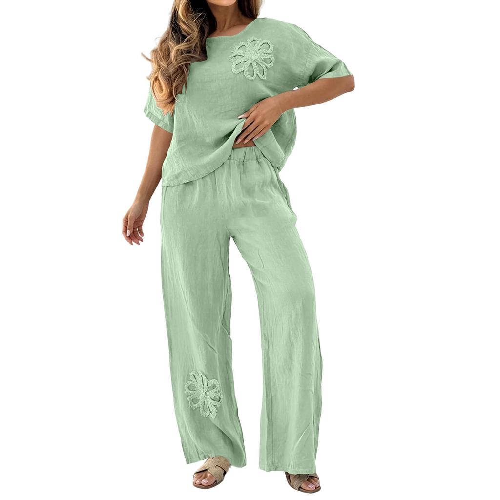Women's Casual Loose Fit Embroidered Short Sleeve Top and Wide Leg Pants Two-Piece Set