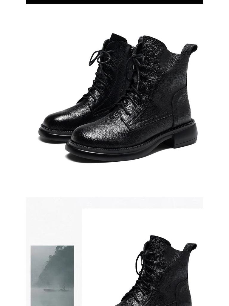 Damskie buty Martin w stylu brytyjskim: Skóra bydlęca licowa, Okrągły nosek, Sznurowane, Niskie, Prawdziwa skóra, Plus aksamit, Miękka podeszwa, Zimowe botki.
