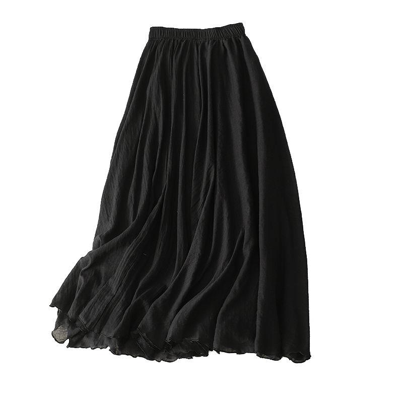 Women Cotton Leaf Edge Double Layer Half Skirt Loose Waist A- Shaped Big Swing Skirt Women Casual Style Long
