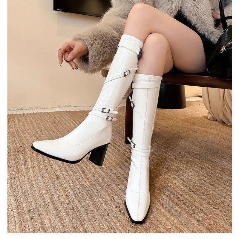 Fashion White Block Heel Women 2025 New Belt Buckle Heightened Long Tube Fashion Boots