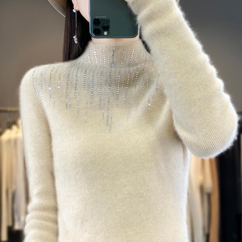 Women's Half Turtleneck Sweater, Qinghe Cashmere, 30% Cashmere 70% Wool, Diamond-studded Winter Knitted Pullover Autumn Sweater Cashmere Sweater