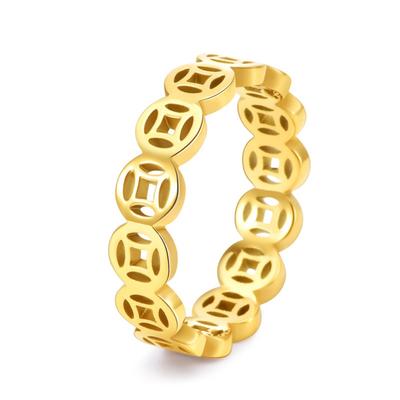 Fashion Women Hollow Coin Ring Titanium Steel 18K Gold Plated Money Luck Jewelry Gift