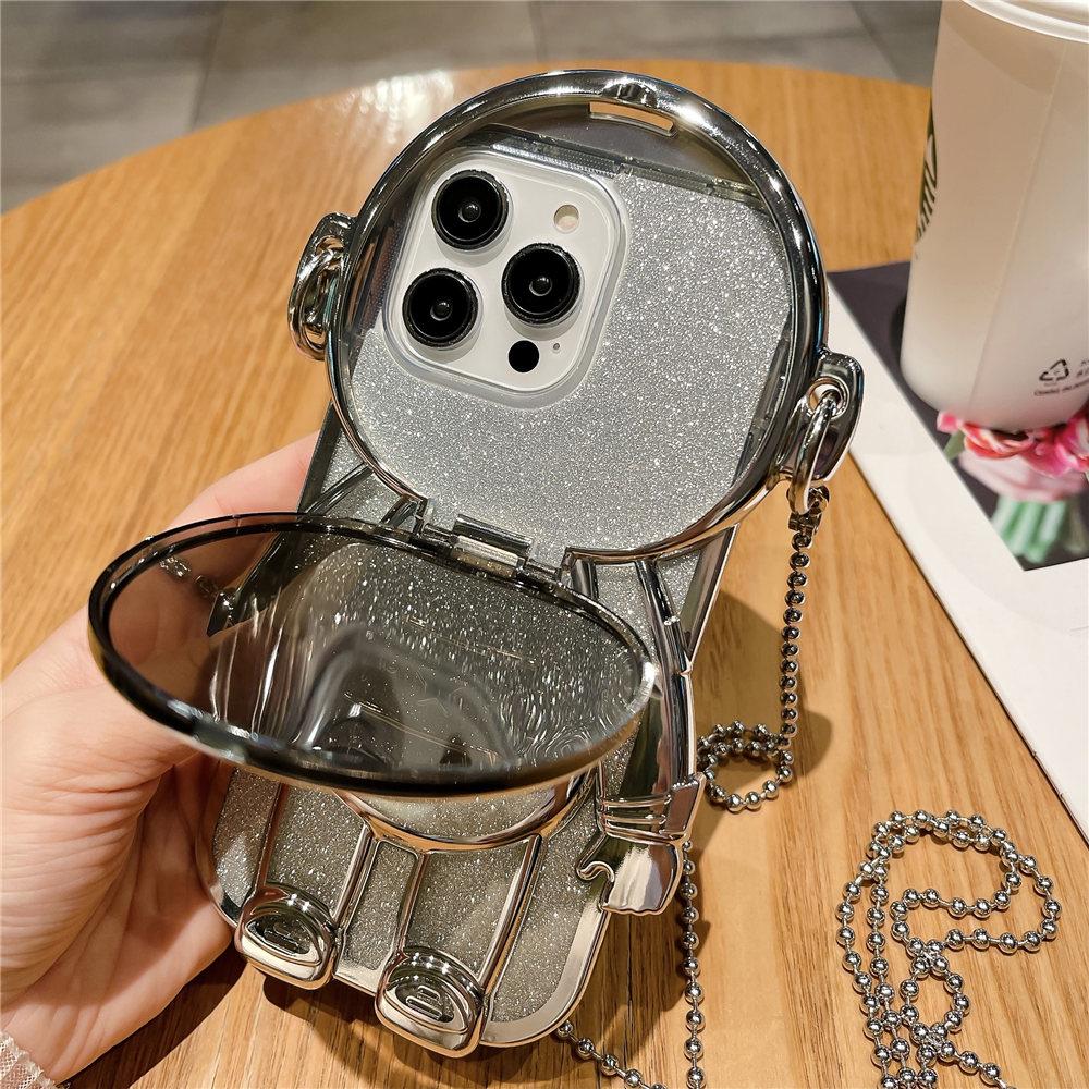 3D Astronaut Mirror Makup Clear Crossbody Phone Case For iPhone 16 15 14 Plus 13 12 11 Pro Max Glitter Shockproof Cover