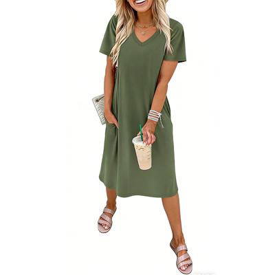 Women's Loose Comfortable V,Neck Short Sleeve Dress Color Mid,Length Skirt Dress