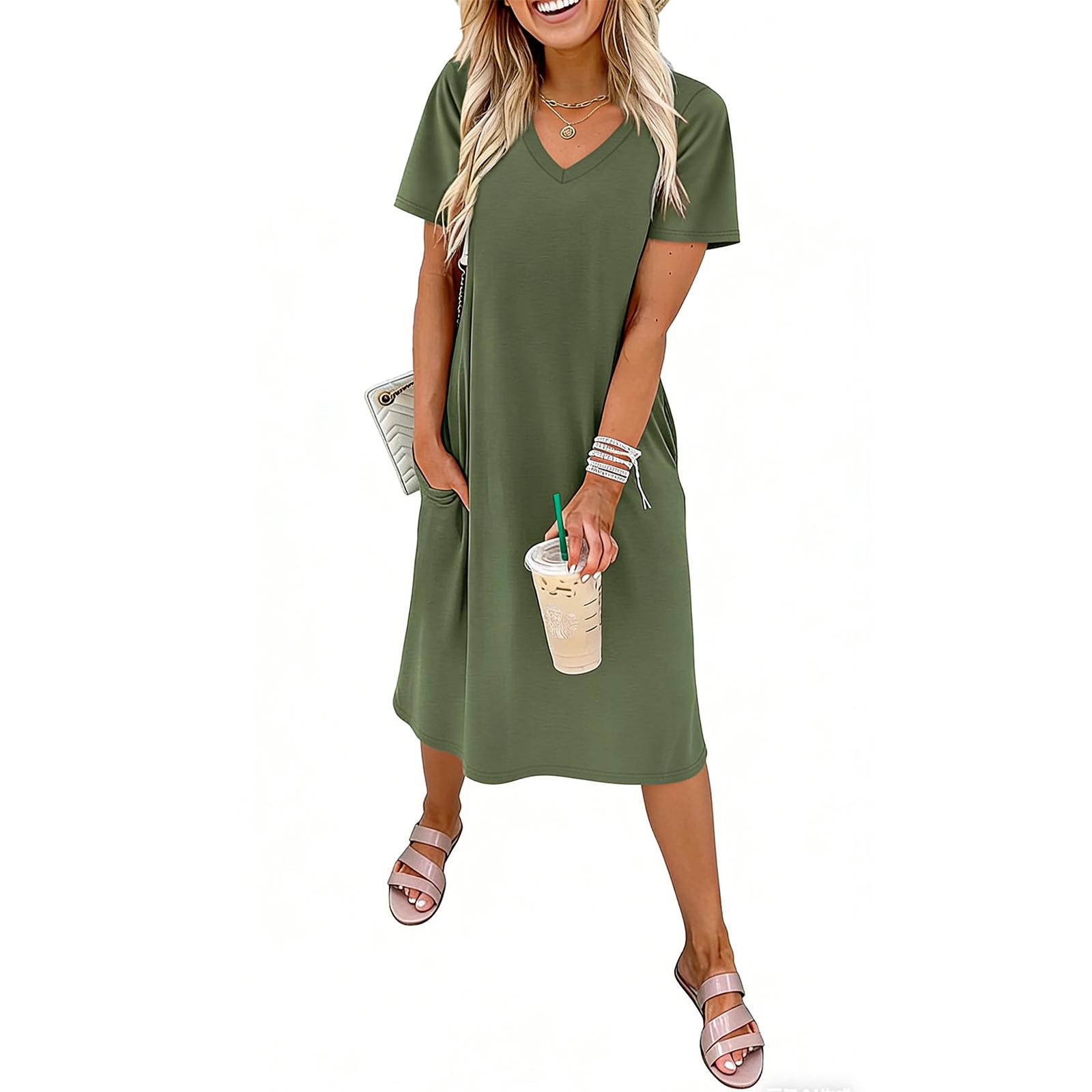 Women s Loose Comfortable V-Neck Short Sleeve Dress Color Mid-Length Skirt Dress L армия зеленый
