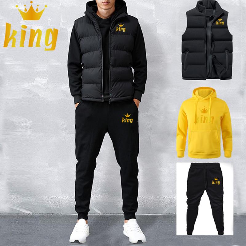 Men Women Spring and Autumn Solid Color Printed Hoodie 3 Piece Set Couple Hoodie + Vest + Pants Sportswear Set