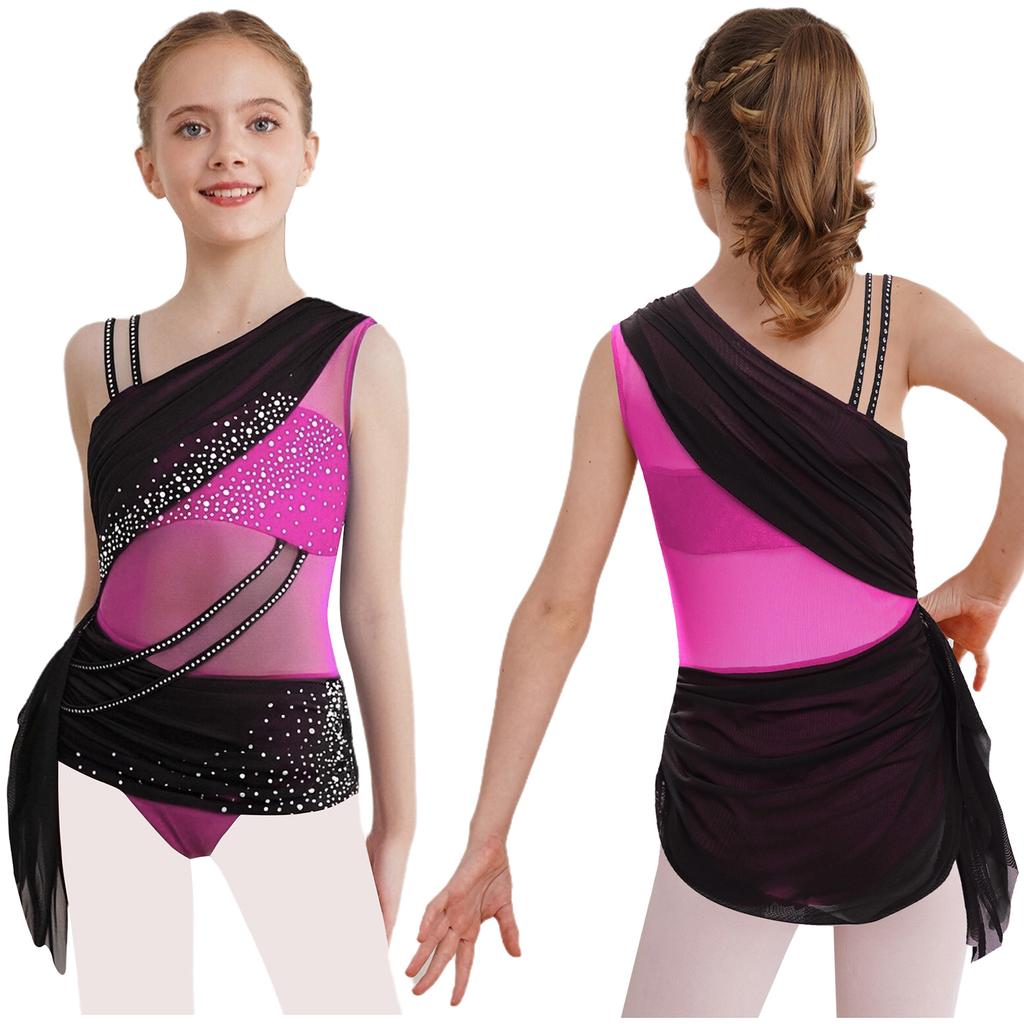 Girls Lyrical Dance Dress Color Block Design Sheer Mesh Ruched Overlay Asymmetrical Glittery Rhinestones Dress