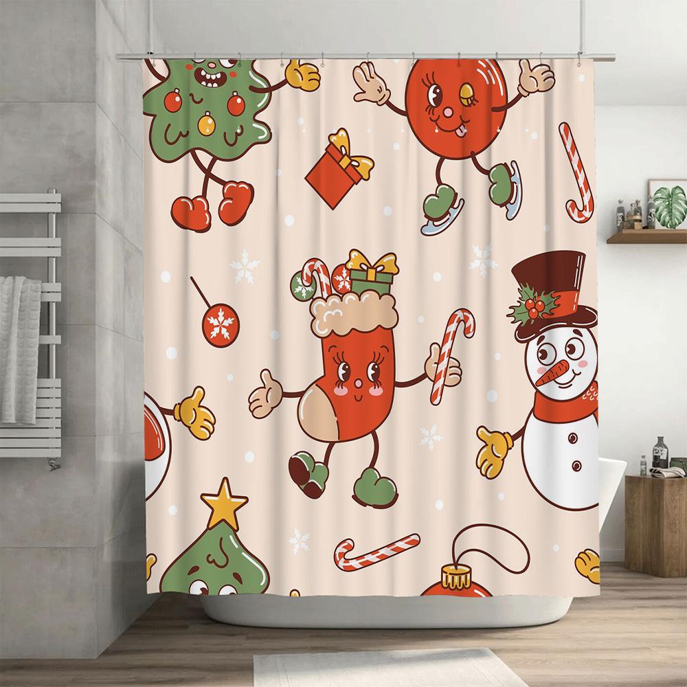 Christmas-Themed Shower Curtain Decorative Bathroom Accessories Waterproof Printed Fabric Christmas Tree Snowman Candy Cane Patt
