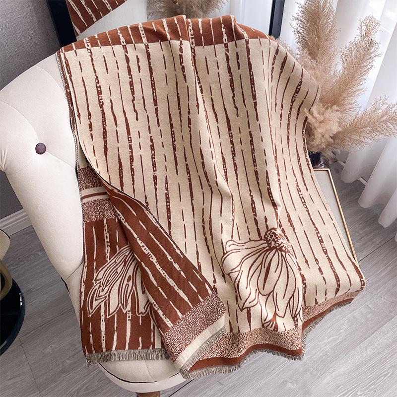 Korean Version Striped Simple Style Double-Sided Imitation Cashmere Scarf Winter High-End Temperament Women'S Warm Shawl