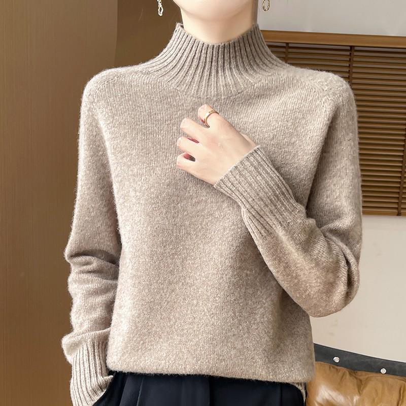 Women's Pure Wool Half-High Collar Loose Knit Sweater - Thickened Autumn/Winter Base Layer Pullover