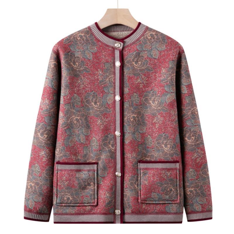 Middle-aged and Elderly, Piled and Thickened Autumn and Winter Knitted Sweater, Female Mother's New Cardigan Sweater, Grandma's Autumn Coat