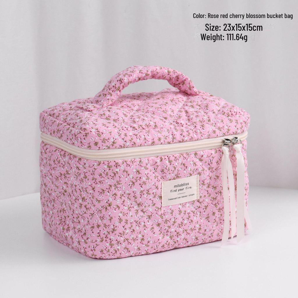 High-Capacity Quilted Floral Cosmetic Handbag