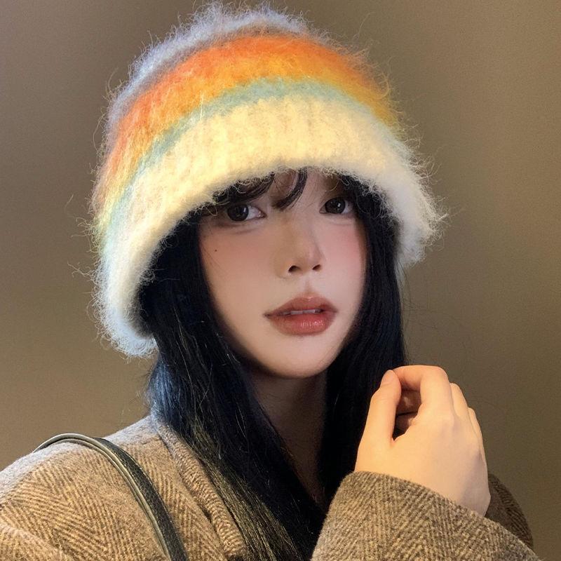Autumn And Winter Color Blocked Furry Bucket Hats For Women Skiing And Cycling Warm Ear Protection Versatile Knitted Beanie Hat 56-58cm