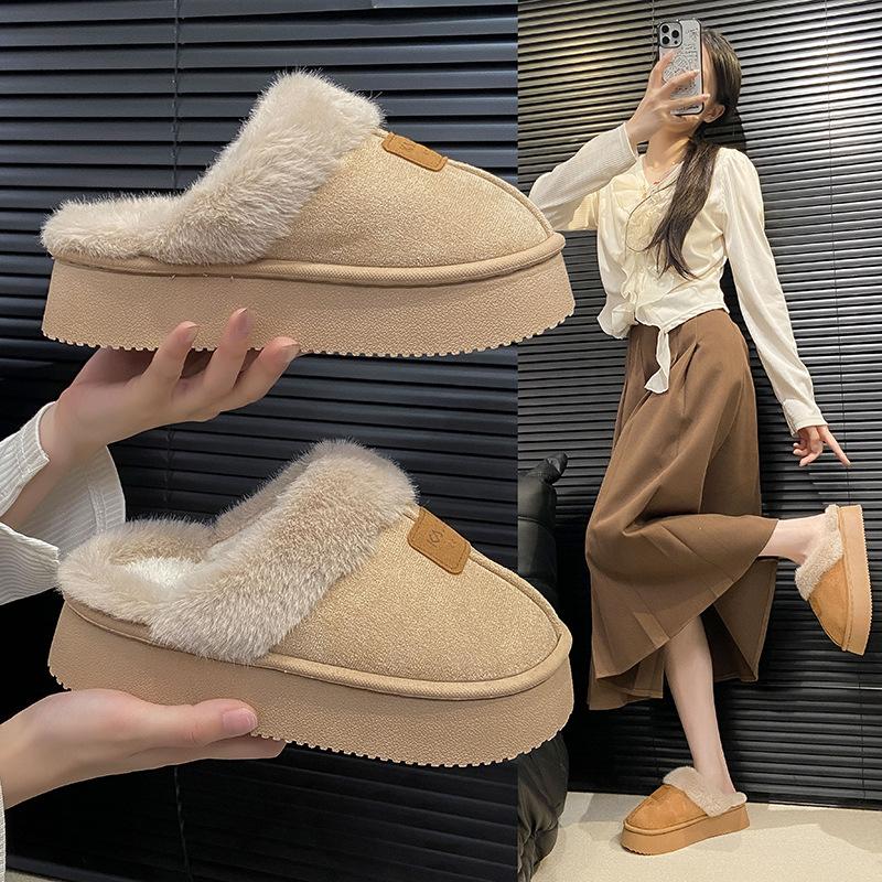 Women's Baotou plush slippers padded warm winter thick bottom heightened home slippers casual walking indoor shoes snow cotton slippers