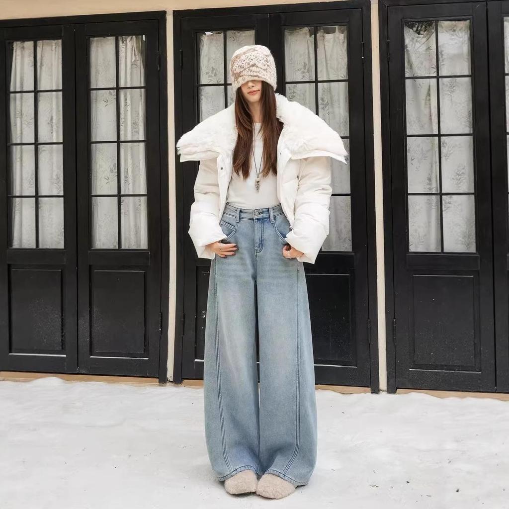 2026 Retro American Wide-Leg Curved Jeans: New Floor-Length Loose Straight-Leg Style for Spring & Autumn