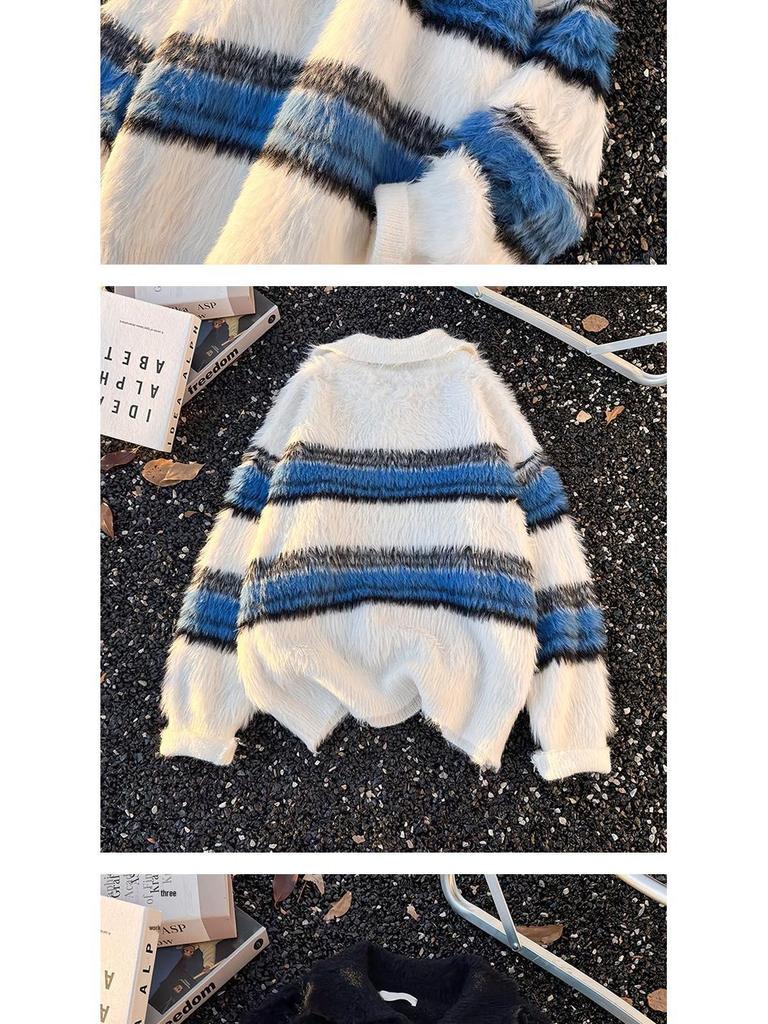 Unisex Striped Polo Collar Sweater - Trendy Autumn/Winter Knitwear for Men & Women