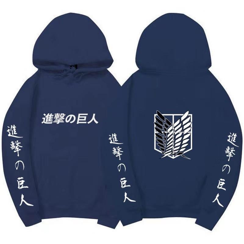 Attack on Titan Unisex Fleece Hoodie Front Japanese Text, Back Wings of Freedom Logo Autumn Winter Casual Pullover