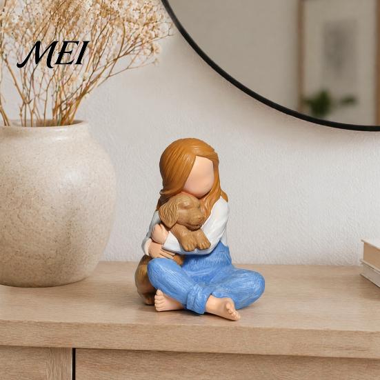 Collectibles for Dog Lovers Faceless Girl Hugging Puppy Figurine, Miniature Resin Statue, Cute Desktop Sculpture Ornament Thoughtful Gifts Pet