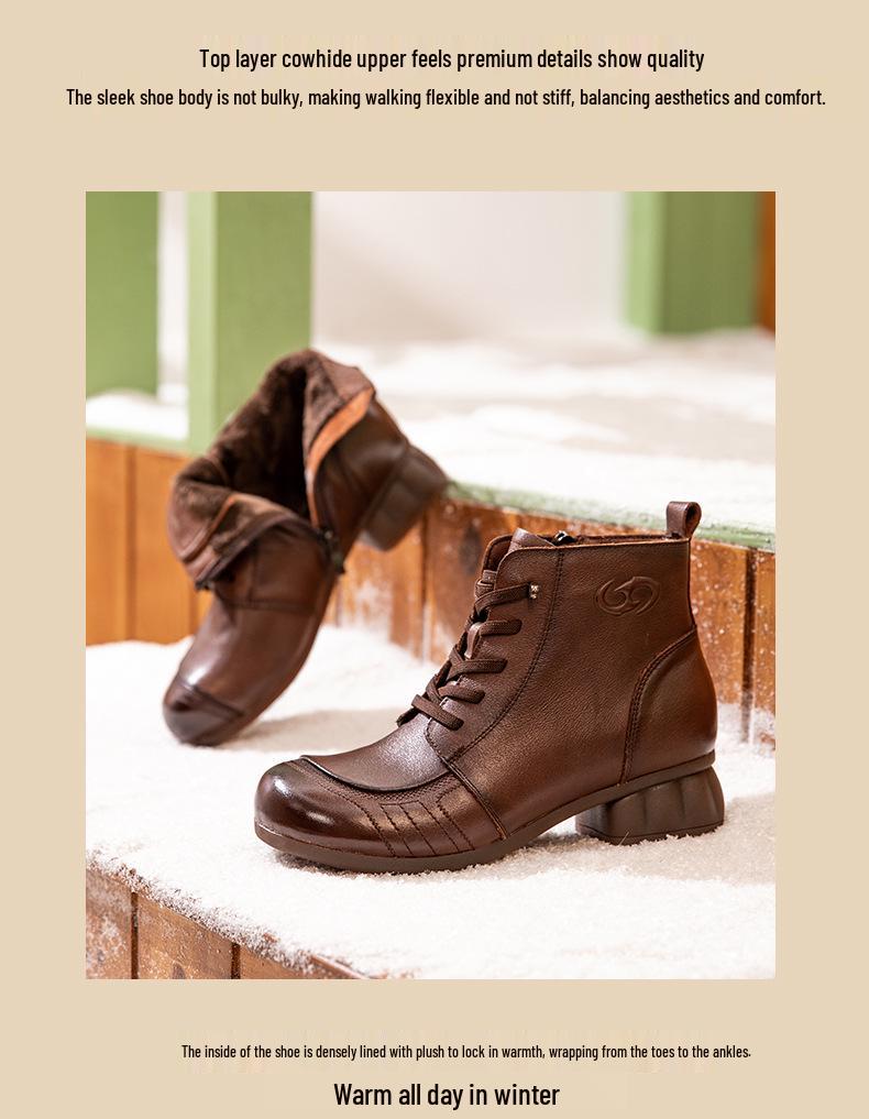 Women's Retro Genuine Leather Ankle Boots, Winter 2025 - Fleece-lined, Soft Sole, Non-slip, Wool Interior, Warm Snow Boots