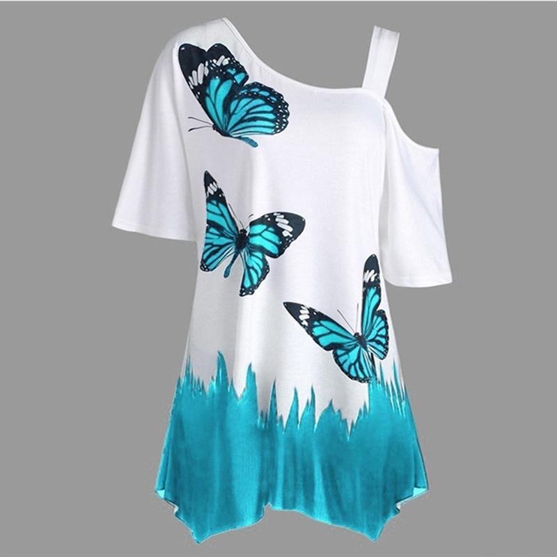 Women Fashion Butterfly Print One Shoulder Short Sleeve Tunic T-shirt Loose Blouse Tops Plus Size Fashion T-shirt