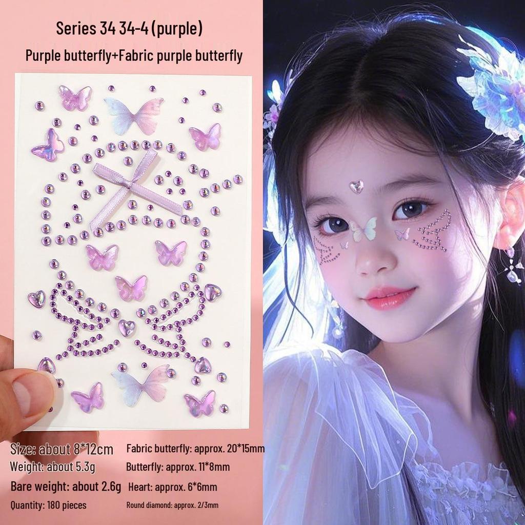 3D Butterfly & Star Face Sticker Set with Rhinestones & Pearls for Kids