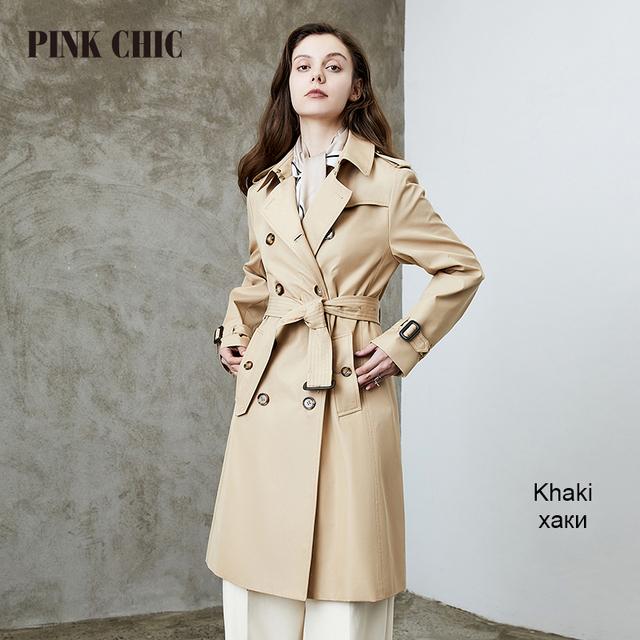 Różowy szykowny nowa wiosna jesień wiatrówka średniej długości kołnierz z klapami kobiety dwurzędowy pas biodrowy płaszcz w stylu retro Grace Trench 667