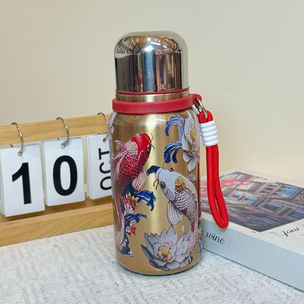Chinese Style Rose Peony Insulated Cup with Lanyard, Large Capacity, Portable, Tea Separation Feature, Exquisite Stew Pot Design