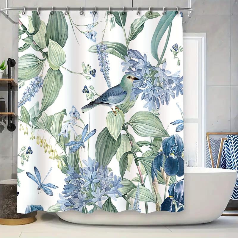 Elegant Blue Bird And Flower Shower Curtain Nature-Inspired Bathroom Decor With Vibrant Colors And Detailed Patterns Easy-Clean
