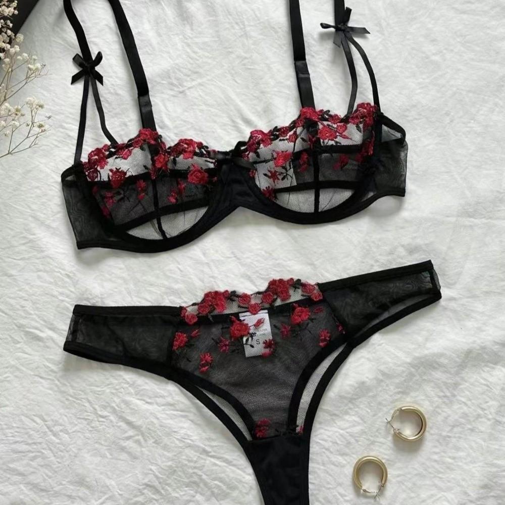 2pcs Set Sexy Bra Panties Set Mesh Push Up Bra Women Sweet Lace Flower Bra Girl