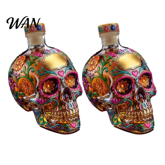 Day Of The Dead Decanter Gothic Skull Decanter, Hand Painted Glass Liquor Bottle with Floral Halloween Decor Design, 3D Carved Wine Dispenser for Home