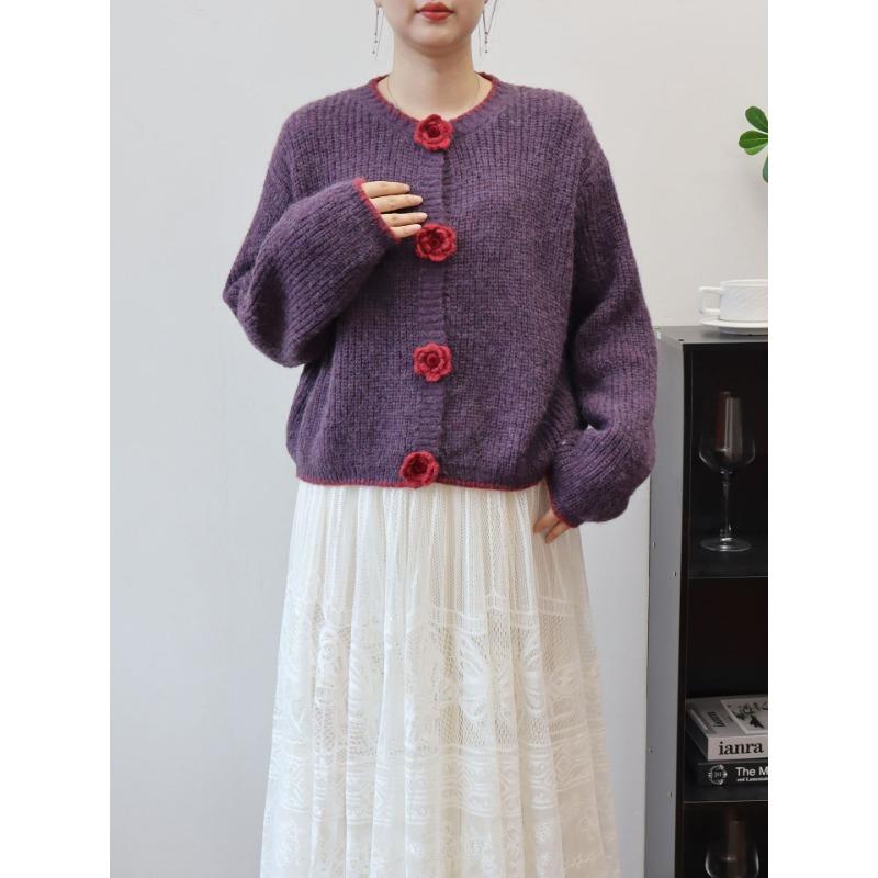 

Осень и зима новая расцветка объемный цветок вязаный кардиган женский свободный и тонкий короткий свитер куртка one size fits all фиолетовый